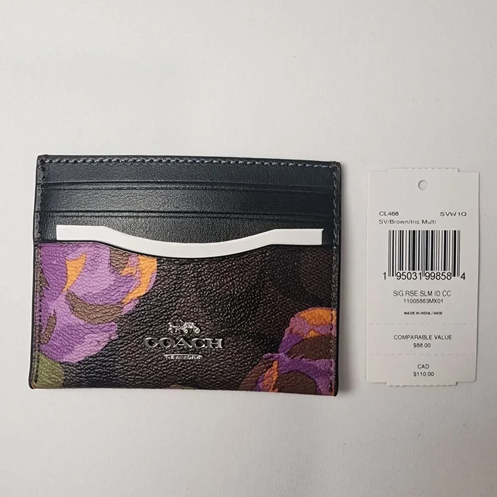 NWT COACH CL468 Slim ID Card Case Signature Canvas Rose Iris Multi v4